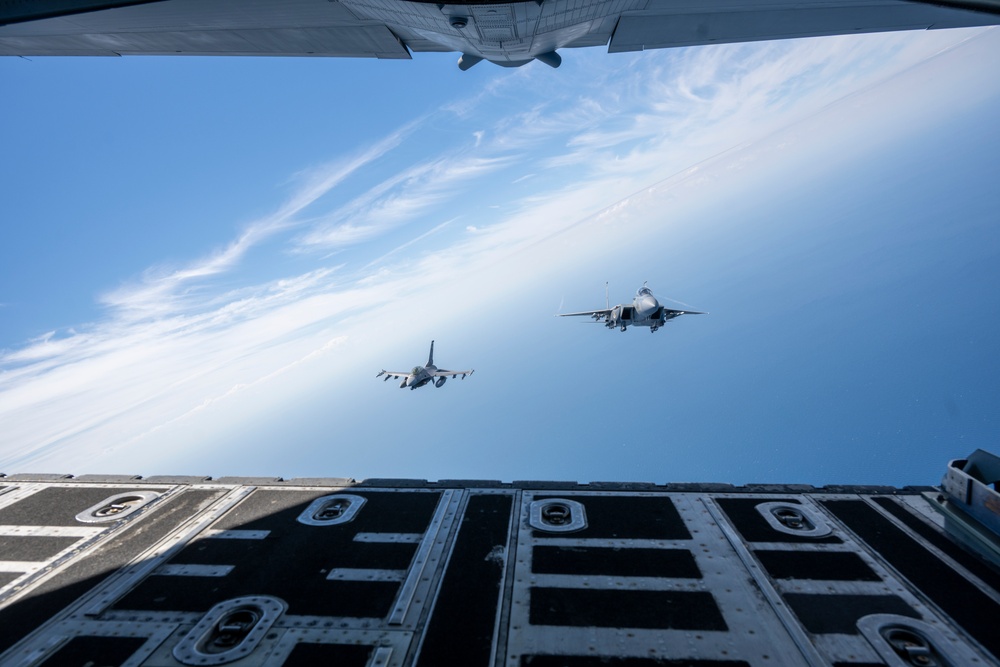 F-15EX Eagle II and F-16D Fighting Falcon fly over the Gulf of America