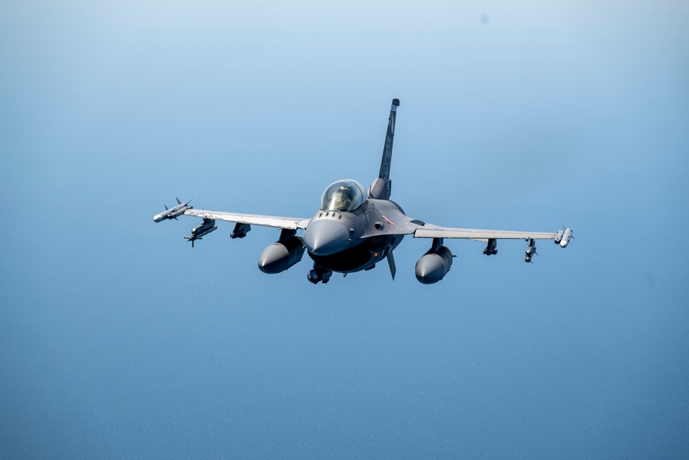 F-16D Fighting Falcon flies over the Gulf of America