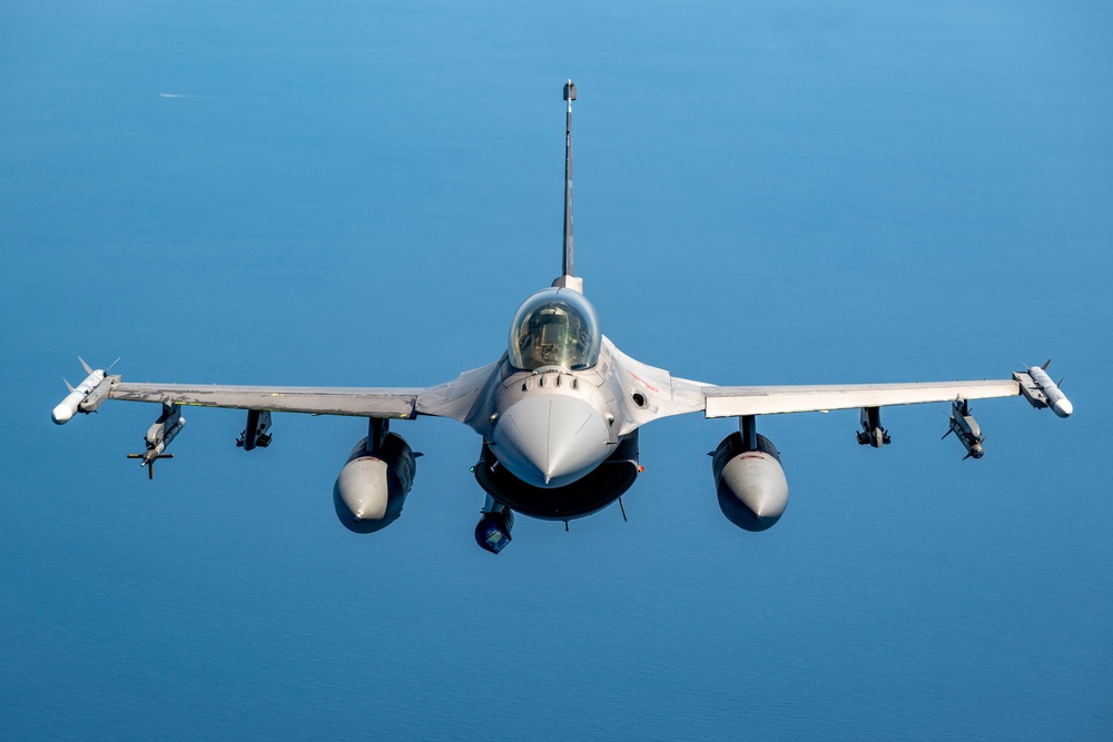 F-16D Fighting Falcon flies over the Gulf of America