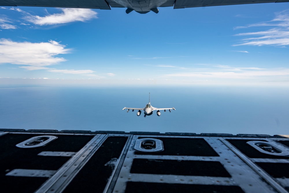 F-16D Fighting Falcon flies over the Gulf of America