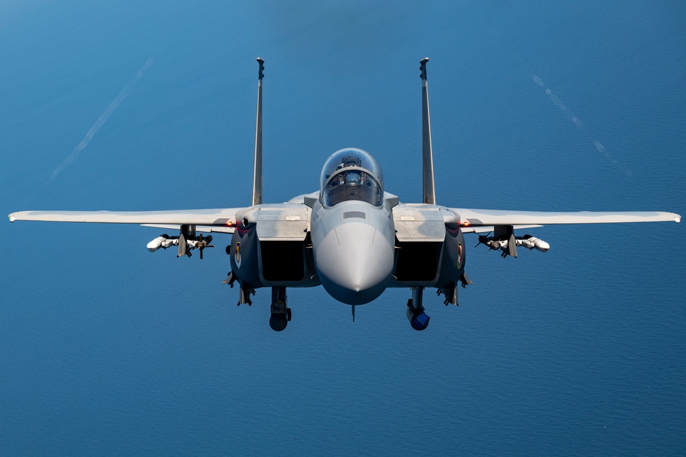 F-15EX Eagle II flies over the Gulf of America