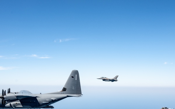 A 3-ship formation of U.S. Air Force aircraft fly over the Gulf of America