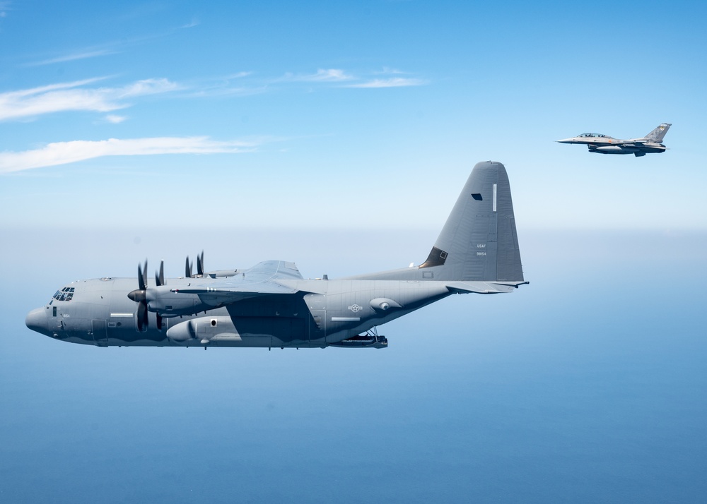 EC-130J and F-16D fly over the Gulf of America