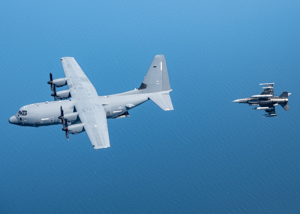 EC-130J and F-16D fly over the Gulf of America