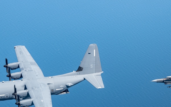 EC-130J and F-16D fly over the Gulf of America