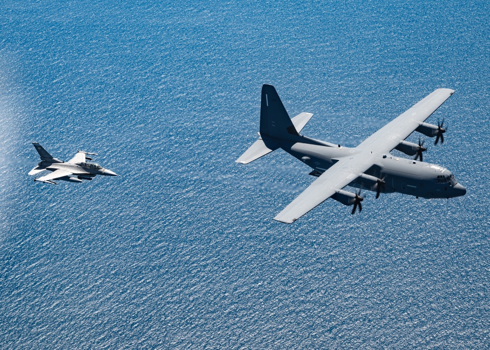 EC-130J and F-16D fly over the Gulf of America