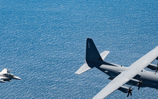 EC-130J and F-16D fly over the Gulf of America