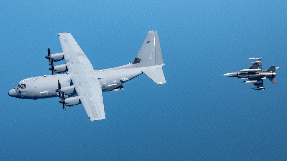 EC-130J and F-16D fly over the Gulf of America