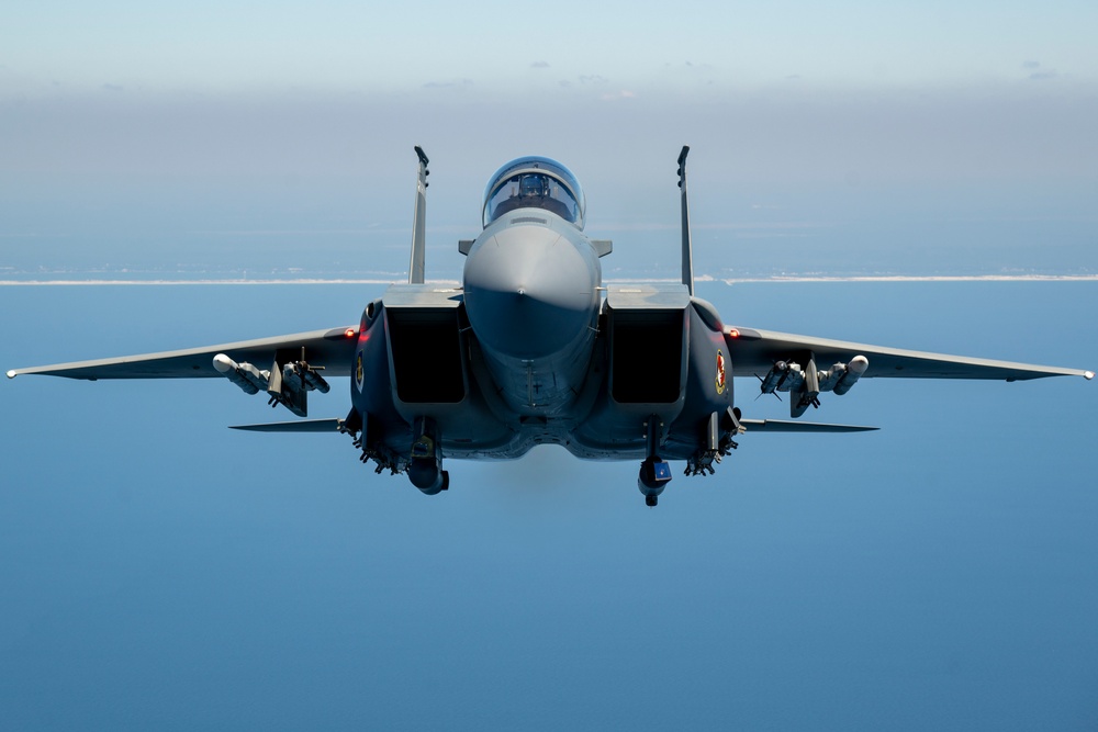 F-15EX Eagle II flies over the Gulf of America