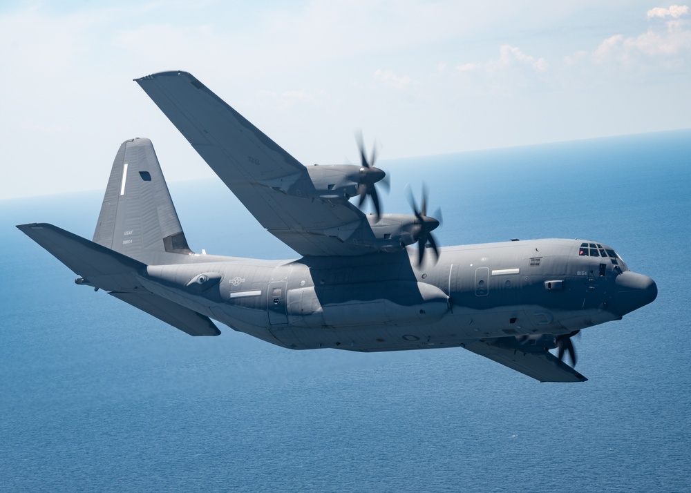 EC-130J Commando Solo flies over the Gulf of America