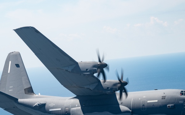 EC-130J Commando Solo flies over the Gulf of America