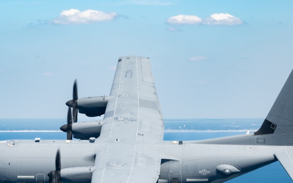 EC-130J Commando Solo flies over the Gulf of America