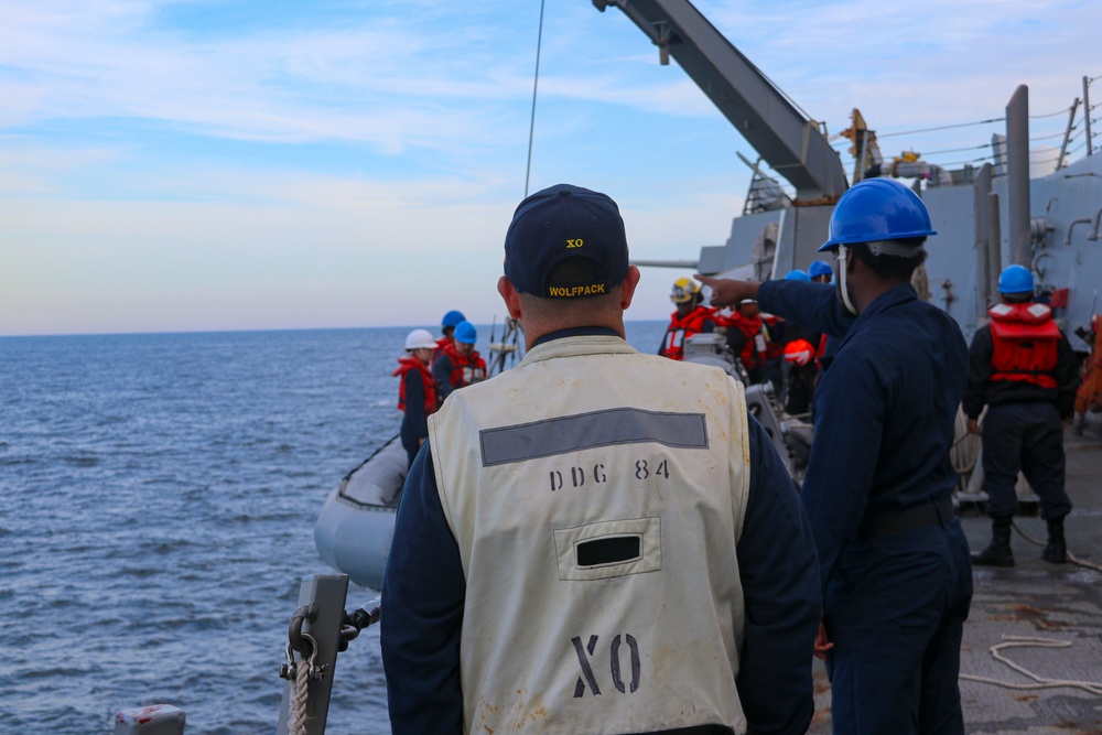 USS Bulkeley (DDG 84) Sailors deploy a rigid-hulled inflatable boat during a man overboard drill USS Bulkeley (DDG 84) Sailors deploy a rigid-hulled inflatable boat during a man overboard drill