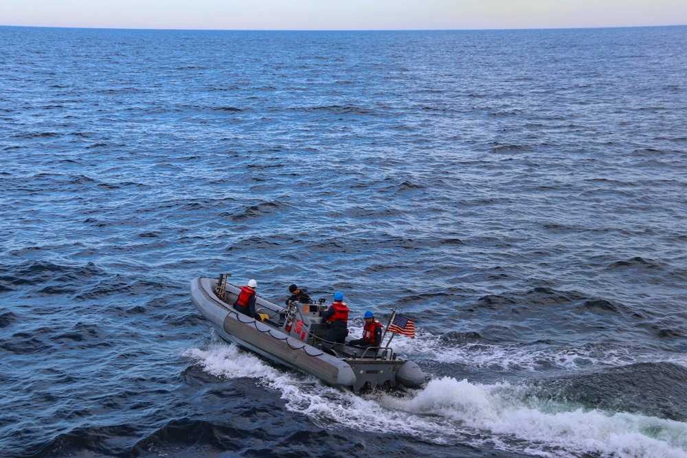 USS Bulkeley (DDG 84) Sailors maneuver on a rigid hulled inflatable boat USS Bulkeley (DDG 84) Sailors maneuver on a rigid hulled inflatable boat
