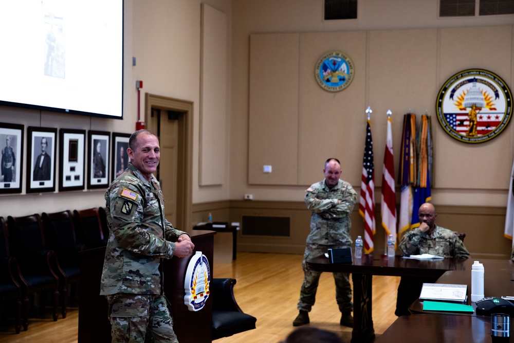 Senior Enlisted Advisor John Raines, SEA to the Chief, National Guard Bureau, addresses the senior Non-Commissioned Officers of Joint Task Force District of Columbia at D.C. Armory