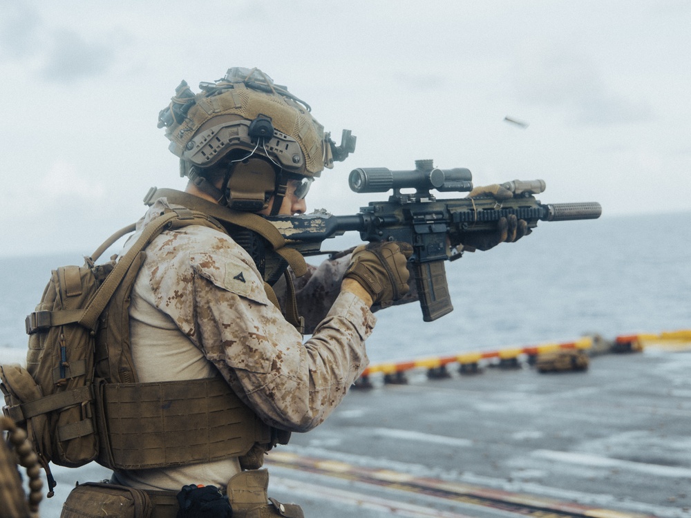 22nd MEU(SOC) | BLT 3/6 Kilo Company Conducts Live Fire Deck Shoot on USS Iwo Jima