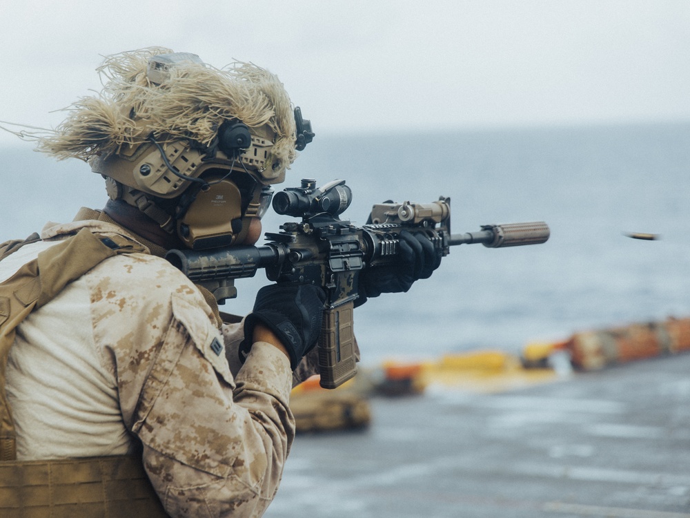 22nd MEU(SOC) | BLT 3/6 Kilo Company Conducts Live Fire Deck Shoot on USS Iwo Jima
