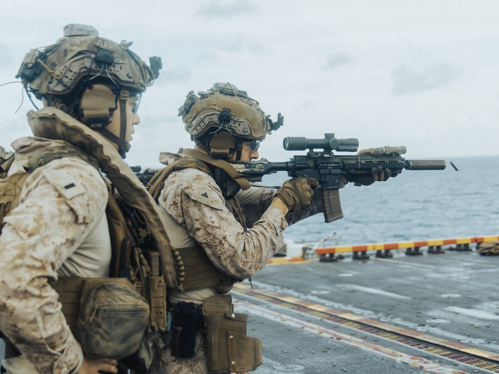 22nd MEU(SOC) | BLT 3/6 Kilo Company Conducts Live Fire Deck Shoot on USS Iwo Jima