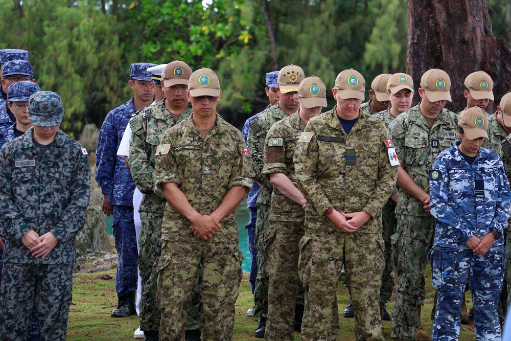 Multinational service members participate in a commemoration ceremony of the Battle of Peleliu.