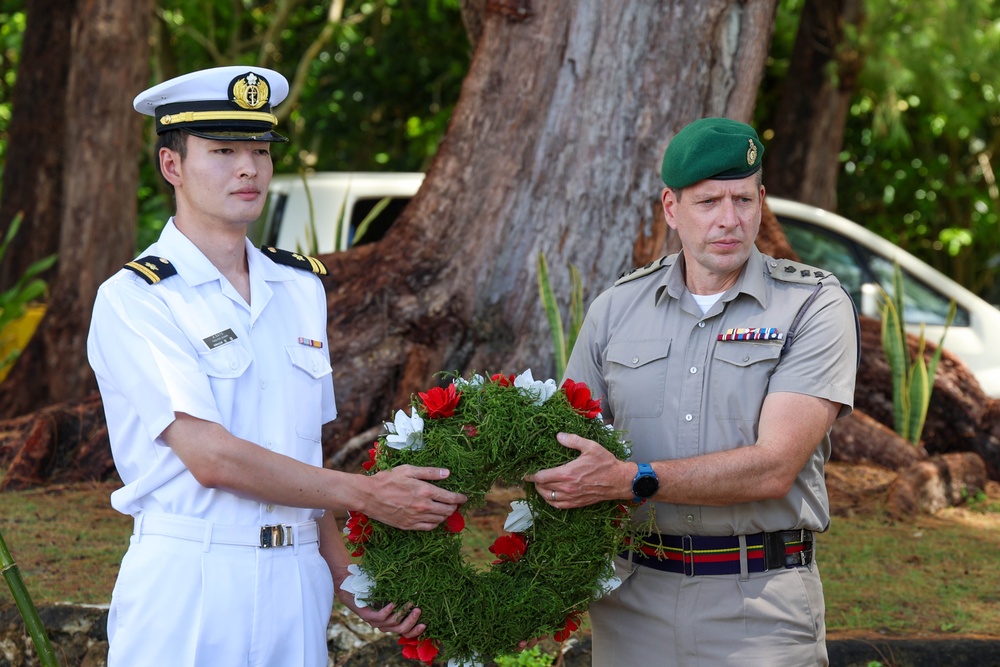Multinational service members participate in a commemoration ceremony of the Battle of Peleliu.