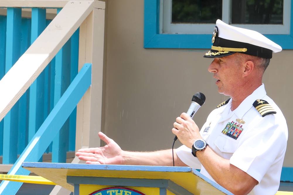 – Capt. Mark B. Stefanik, mission commander, Pacific Partnership 2025,  speaks to the audience at a ribbon ceremony at Peleliu Southern Community Health Center.
