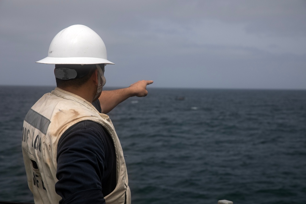 USS WAYNE E. MEYER SAILORS CONDUCT MAN OVERBOARD DRILL
