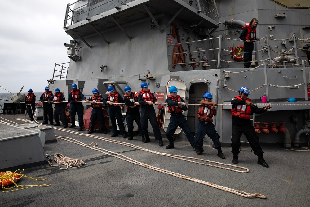 USS WAYNE E. MEYER SAILORS CONDUCT MAN OVERBOARD DRILL