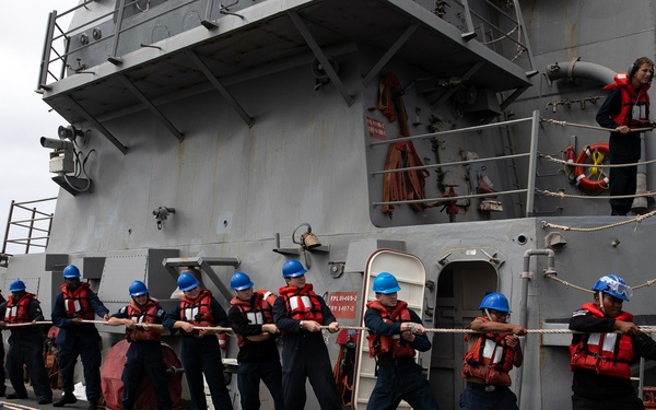 USS WAYNE E. MEYER SAILORS CONDUCT MAN OVERBOARD DRILL