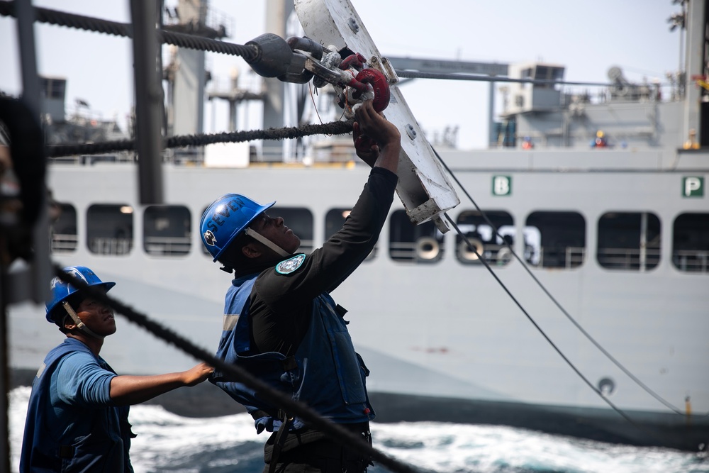 USS WAYNE E. MEYER SAILORS CONDUCT RAS WITH USNS JOHN LEWIS