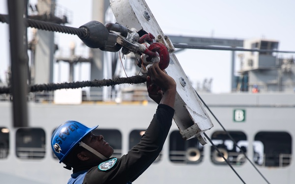 USS WAYNE E. MEYER SAILORS CONDUCT RAS WITH USNS JOHN LEWIS