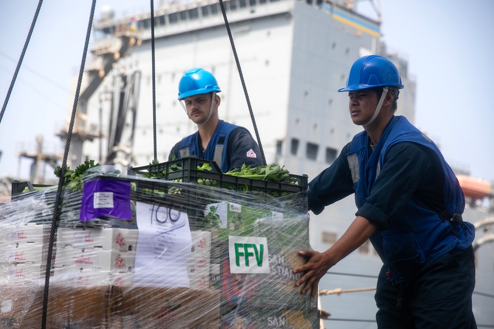 USS WAYNE E. MEYER SAILORS CONDUCT RAS WITH USNS JOHN LEWIS