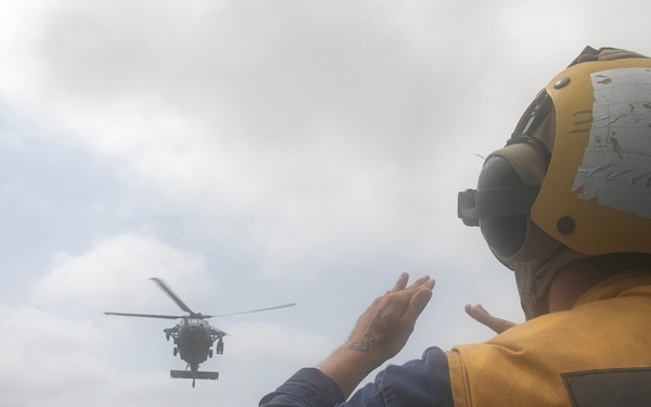 USS WAYNE E. MEYER SAILORS CONDUCTS FLIGHT OPERATIONS