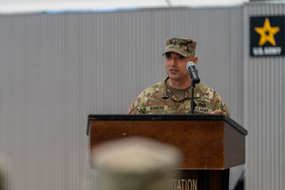 The 25th Transportation Battalion proudly welcomed Command Sgt. Maj. Melvin L. Romero as its new Senior Enlisted Advisor during a Change of Responsibility Ceremony at Camp Carroll on Oct. 1