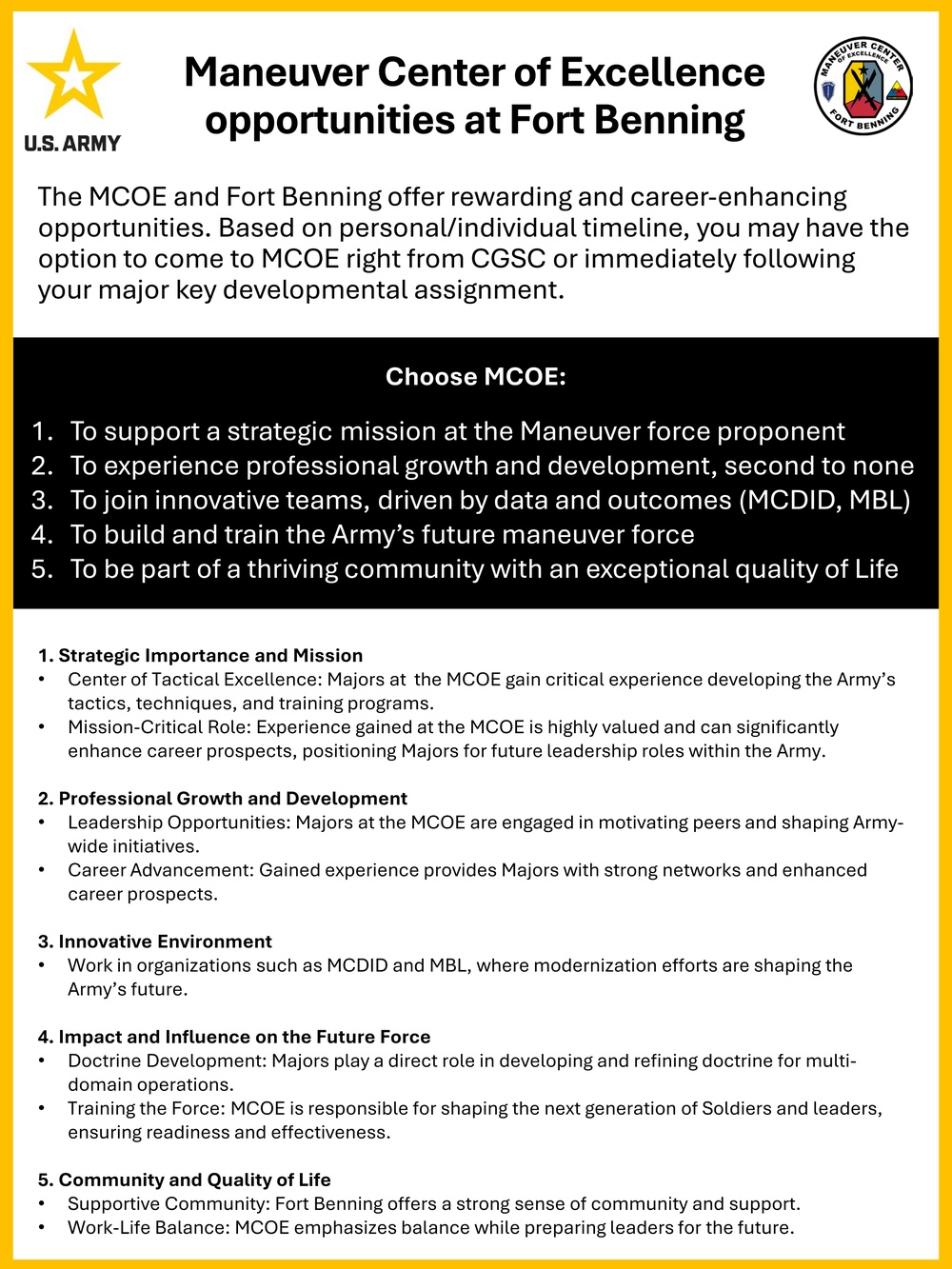 MCoE and Fort Benning Opportunities
