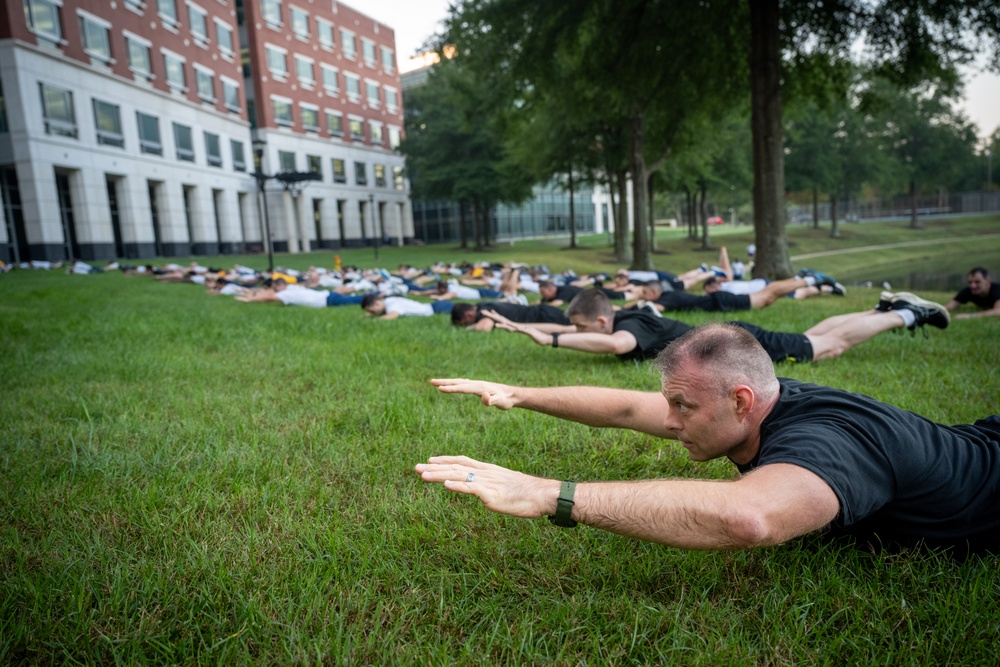 Military members assigned to the Defense Threat Reduction Agency (DTRA), conduct a joint physical training (PT) session at DTRA headquarters on Fort Belvoir, Va. Sep. 19, 2025. Military members assigned to the Defense Threat Reduction Agency (DTRA), conduct a joint physical training (PT) session at DTRA headquarters on Fort Belvoir, Va. Sep. 19, 2025.