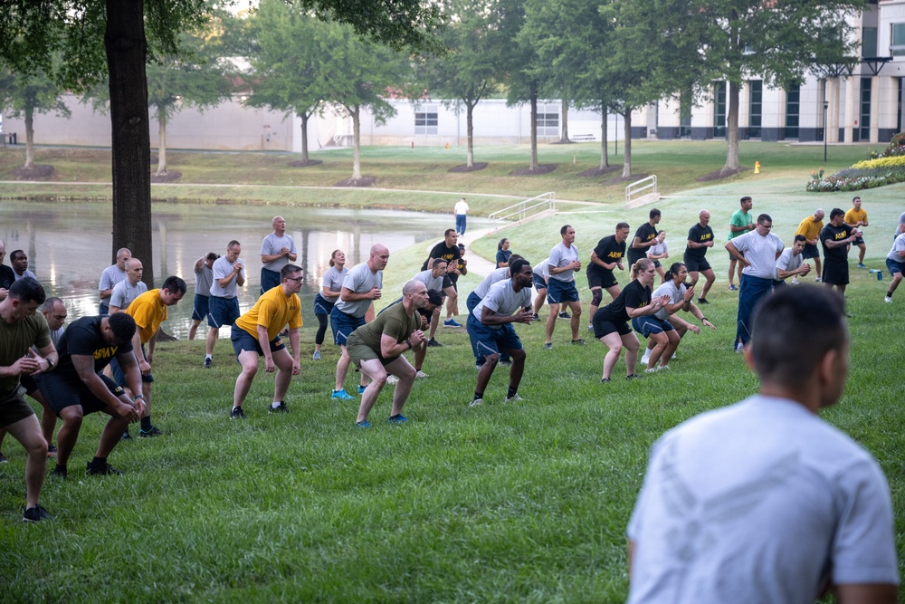 Military members assigned to the Defense Threat Reduction Agency (DTRA), conduct a joint physical training (PT) session at DTRA headquarters on Fort Belvoir, Va. Sep. 19, 2025. Military members assigned to the Defense Threat Reduction Agency (DTRA), conduct a joint physical training (PT) session at DTRA headquarters on Fort Belvoir, Va. Sep. 19, 2025.