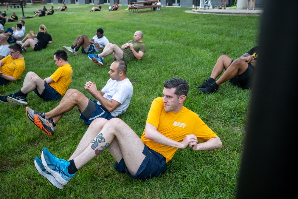Military members assigned to the Defense Threat Reduction Agency (DTRA), conduct a joint physical training (PT) session at DTRA headquarters on Fort Belvoir, Va. Sep. 19, 2025. Military members assigned to the Defense Threat Reduction Agency (DTRA), conduct a joint physical training (PT) session at DTRA headquarters on Fort Belvoir, Va. Sep. 19, 2025.
