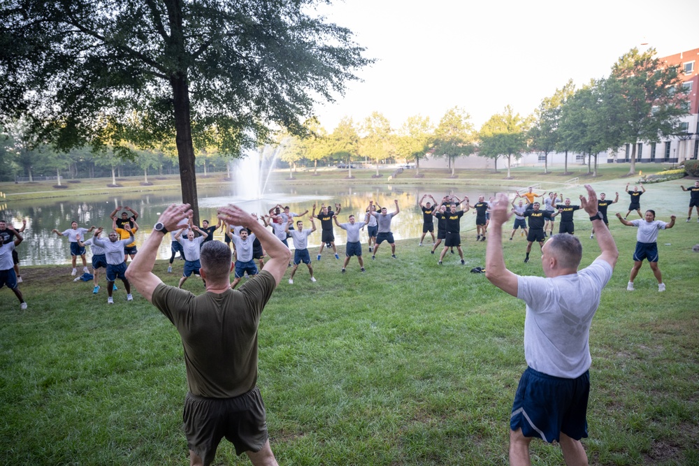 Military members assigned to the Defense Threat Reduction Agency (DTRA), conduct a joint physical training (PT) session at DTRA headquarters on Fort Belvoir, Va. Sep. 19, 2025. Military members assigned to the Defense Threat Reduction Agency (DTRA), conduct a joint physical training (PT) session at DTRA headquarters on Fort Belvoir, Va. Sep. 19, 2025.