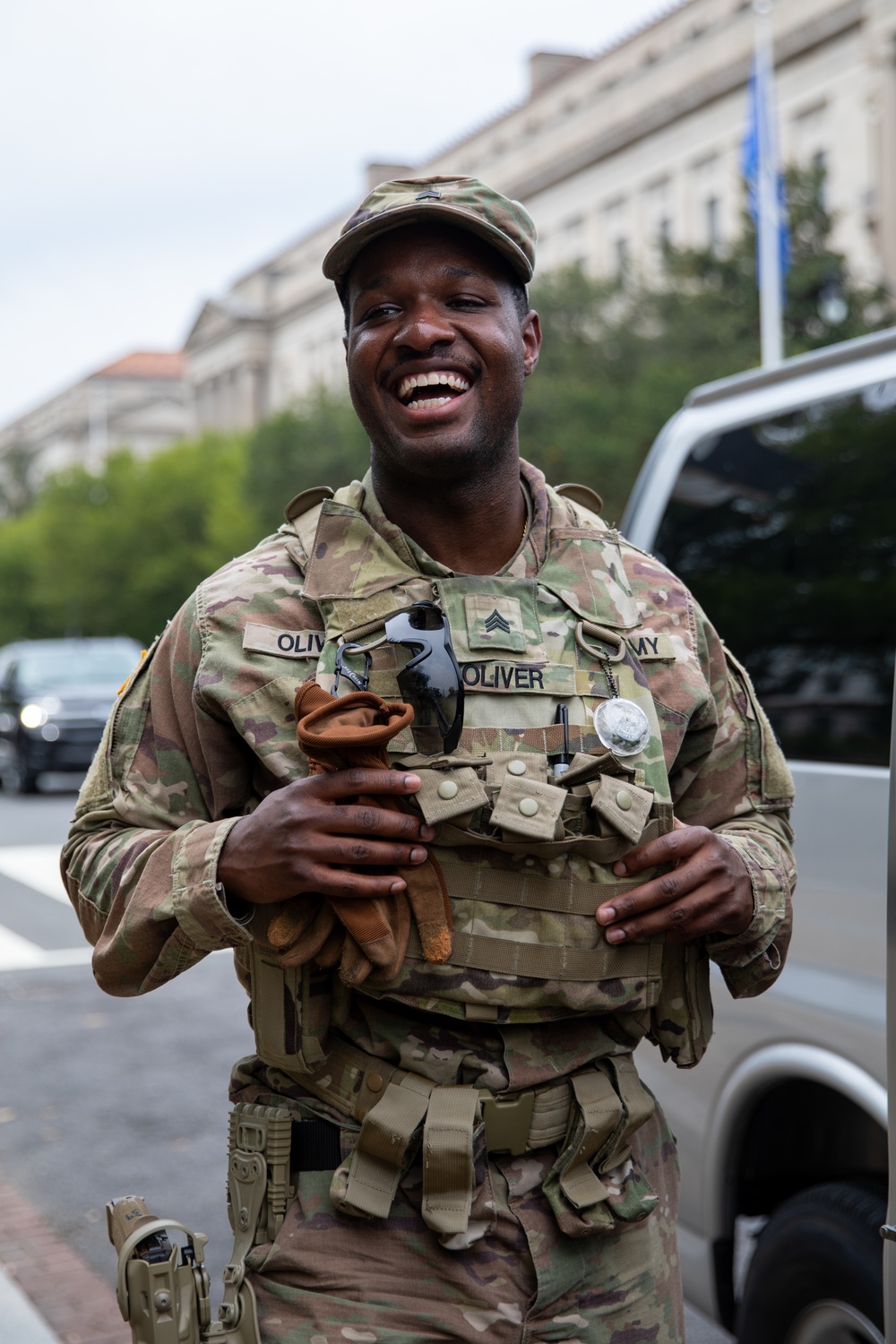 A Mississippi National Guard Soldier laughs with troops in Washington, D.C.