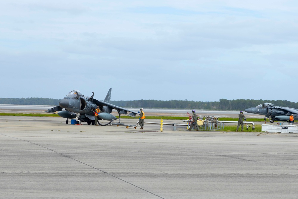 U.S. Marines with 2nd MAW and CLC-21 refuel Harriers