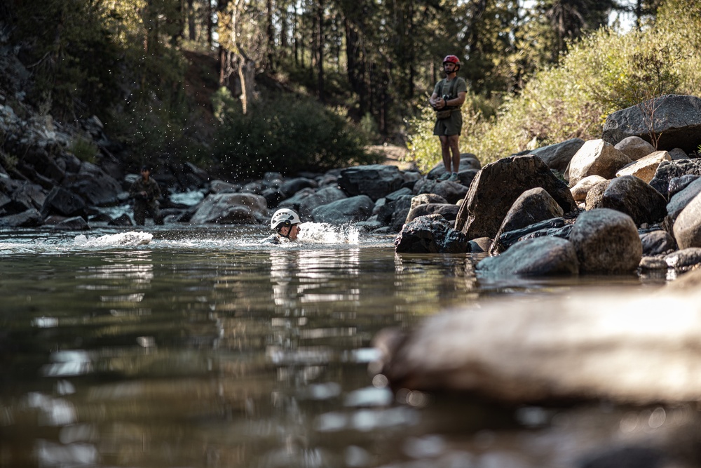 U.S. service members and German soldiers conduct stream crossing exercises during Mountain Medicine 3-25 