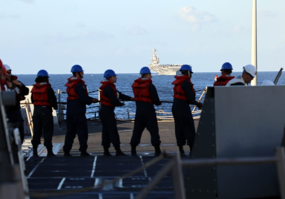 Carrier Strike Group (CSG) 12, USS Gerald R. Ford (CVN 78), USS Roosevelt (DDG 80) Participate in Replenishment-at-Sea in the Alboran Sea