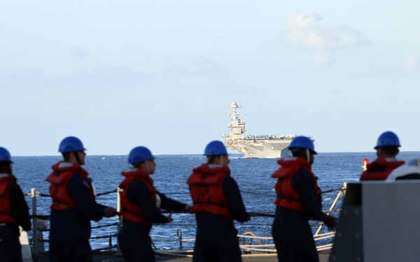 Carrier Strike Group (CSG) 12, USS Gerald R. Ford (CVN 78), USS Roosevelt (DDG 80) Participate in Replenishment-at-Sea in the Alboran Sea