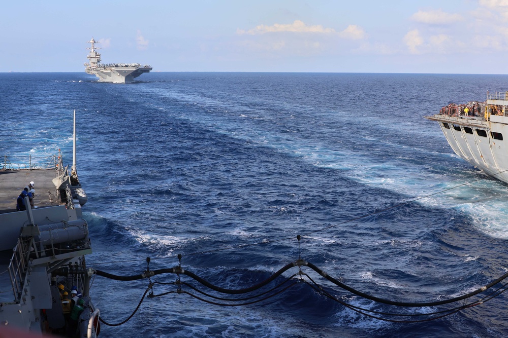 Carrier Strike Group (CSG) 12, USS Gerald R. Ford (CVN 78), USS Roosevelt (DDG 80) Participate in Replenishment-at-Sea in the Alboran Sea