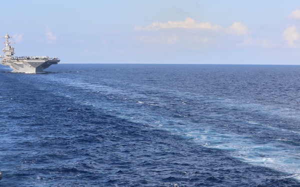 Carrier Strike Group (CSG) 12, USS Gerald R. Ford (CVN 78), USS Roosevelt (DDG 80) Participate in Replenishment-at-Sea in the Alboran Sea