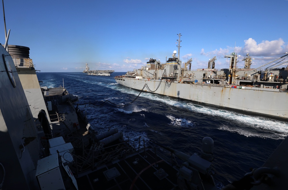 Carrier Strike Group (CSG) 12, USS Gerald R. Ford (CVN 78), USS Roosevelt (DDG 80) Participate in Replenishment-at-Sea in the Alboran Sea