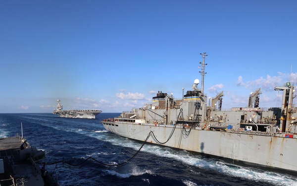 Carrier Strike Group (CSG) 12, USS Gerald R. Ford (CVN 78), USS Roosevelt (DDG 80) Participate in Replenishment-at-Sea in the Alboran Sea
