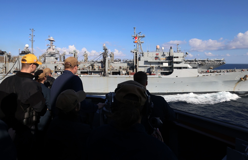 Carrier Strike Group (CSG) 12, USS Gerald R. Ford (CVN 78), USS Roosevelt (DDG 80) Participate in Replenishment-at-Sea in the Alboran Sea