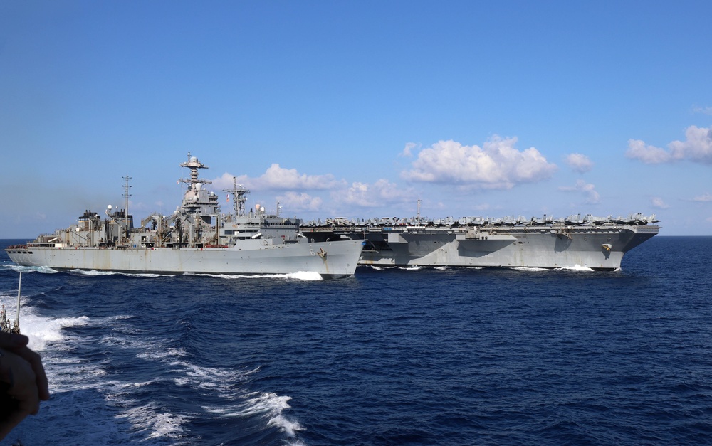 Carrier Strike Group (CSG) 12, USS Gerald R. Ford (CVN 78), USS Roosevelt (DDG 80) Participate in Replenishment-at-Sea in the Alboran Sea