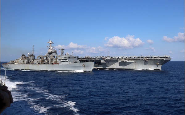 Carrier Strike Group (CSG) 12, USS Gerald R. Ford (CVN 78), USS Roosevelt (DDG 80) Participate in Replenishment-at-Sea in the Alboran Sea
